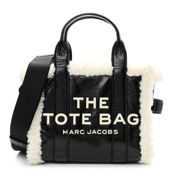 NWOT Marc Jacobs Shiny Calfskin Faux Shearling Small The Traveler Tote Bag Black - Picture 1 of 8